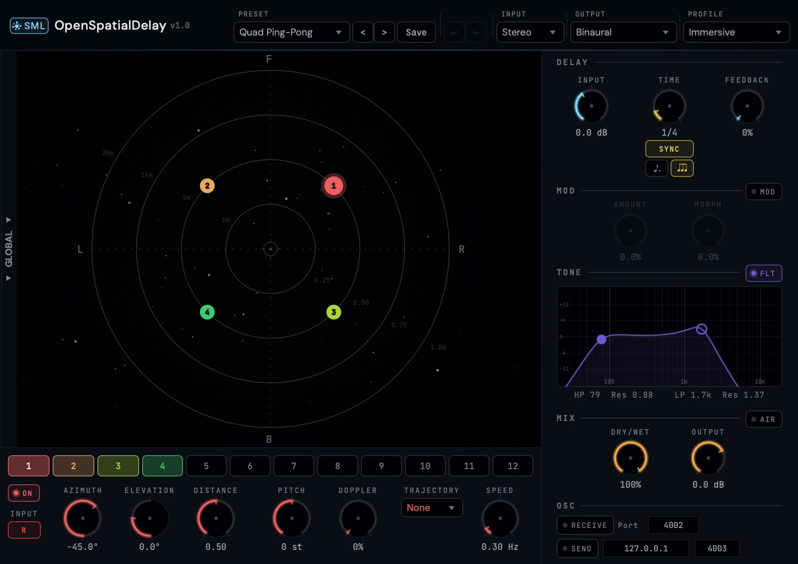 OpenSpatialDelay plugin settings for Arp demo