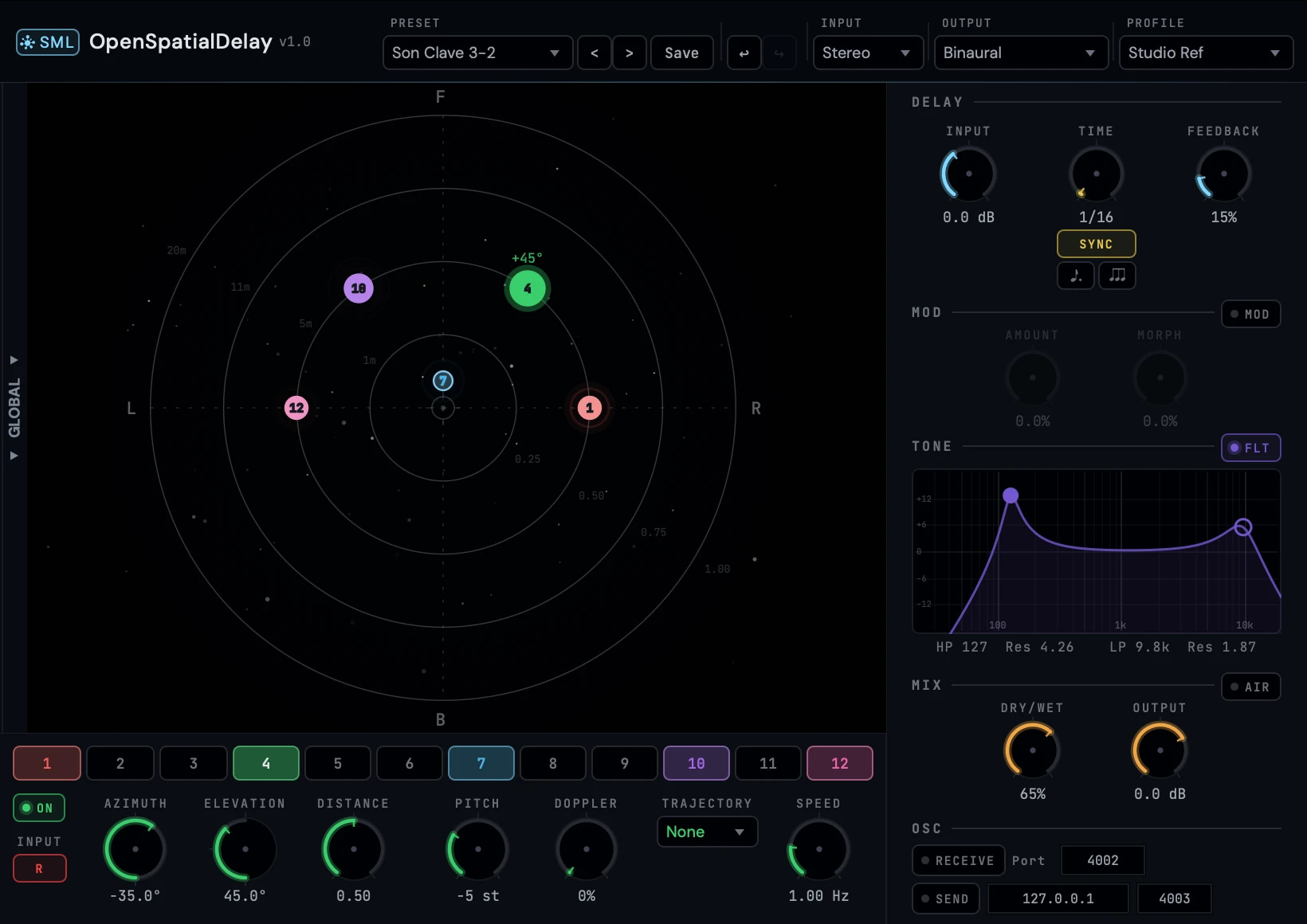 OpenSpatialDelay plugin settings for Stab demo